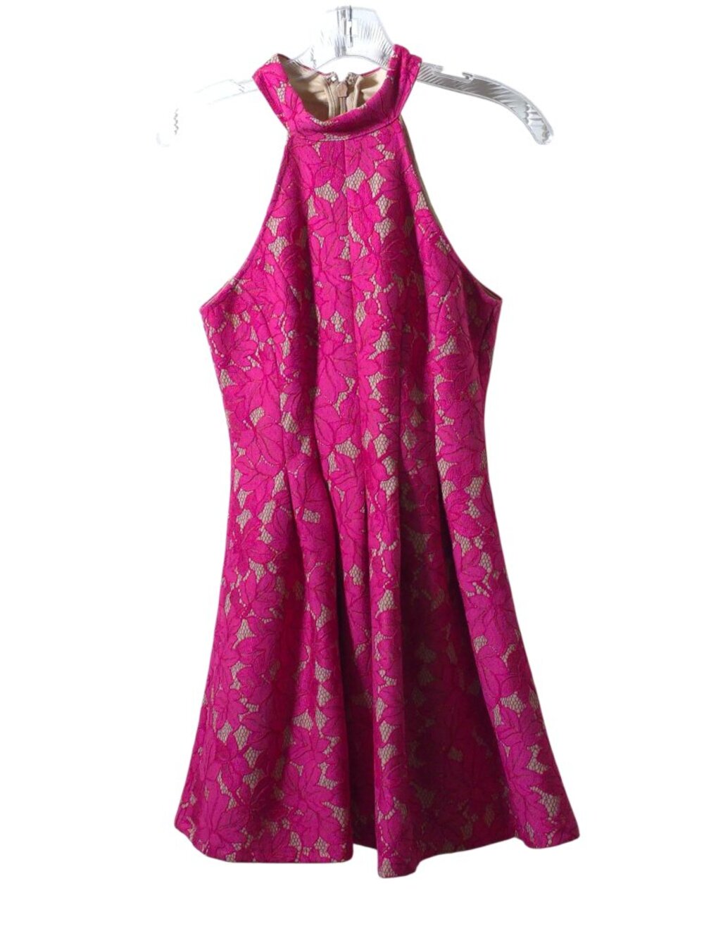 Lulus Fuchsia Floral Lace Halter Dress Sz 6 Fit Flare Cocktail Party Wedding